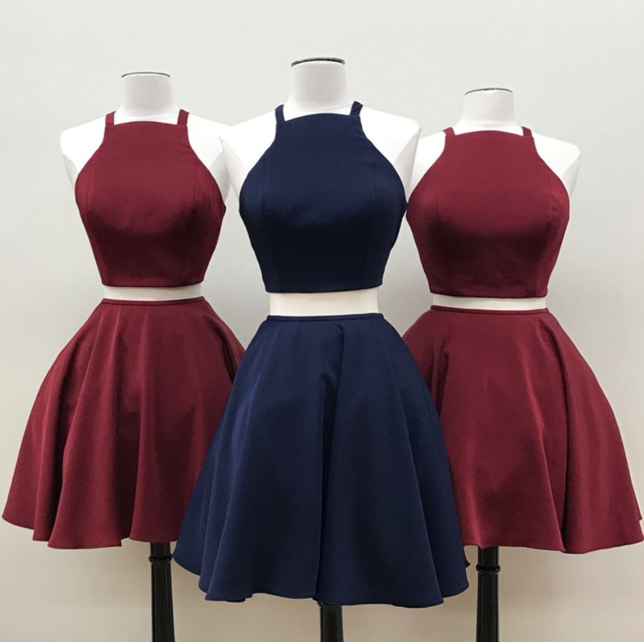 Burgundy Short Two Piece Homecoming Dress, Two Piece Short Navy Blue Homecoming Dress