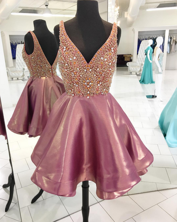 Crystal Beaded V Neck Satin Homecoming Dresses Short Prom Gowns