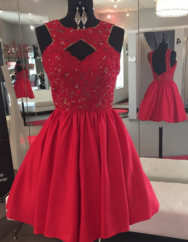 Backless Beaded Lace Red Satin Homecoming Dress Short Prom Gowns