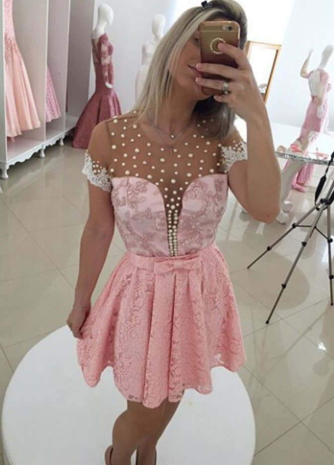 Short Lace Homecoming Dress Custom Made,princess Short Sleeves Short/mini Lace Dresses