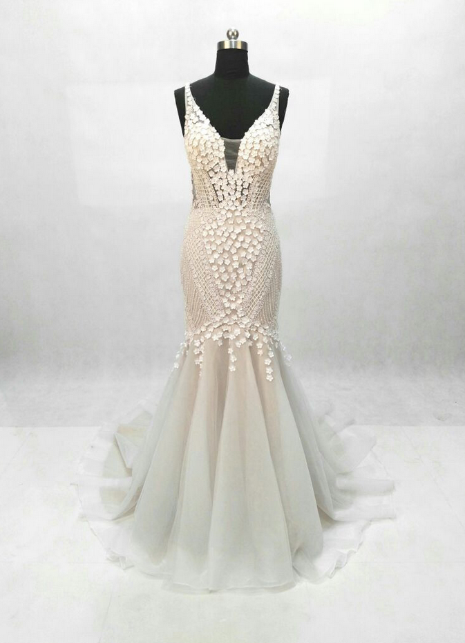 Wedding Dresses ,elegant Mermaid Long Ivory Tulle Homecoming Dress With Lace Appliques