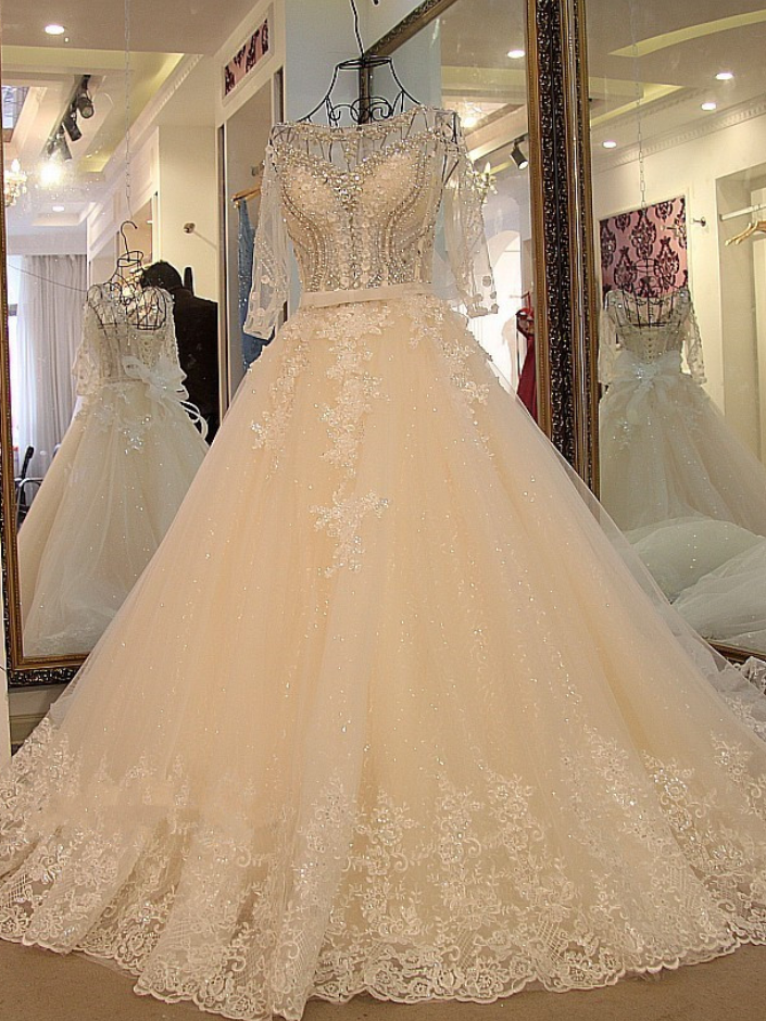 Sexy Long Sleeves Wedding Dress White Flash Diamond Long Train Bride Dress 100% Real Picture