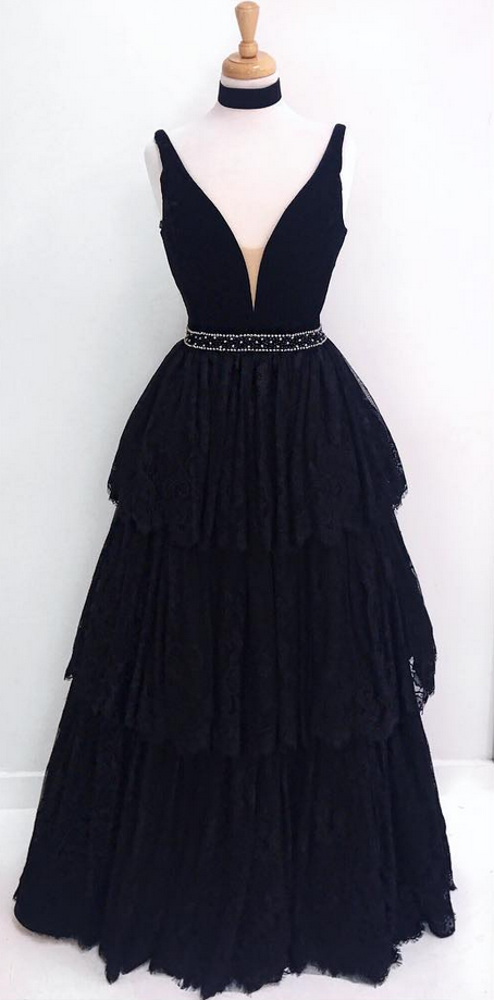 V-neck Long Black Lace Prom Dresses Beaded Women Party Dresses