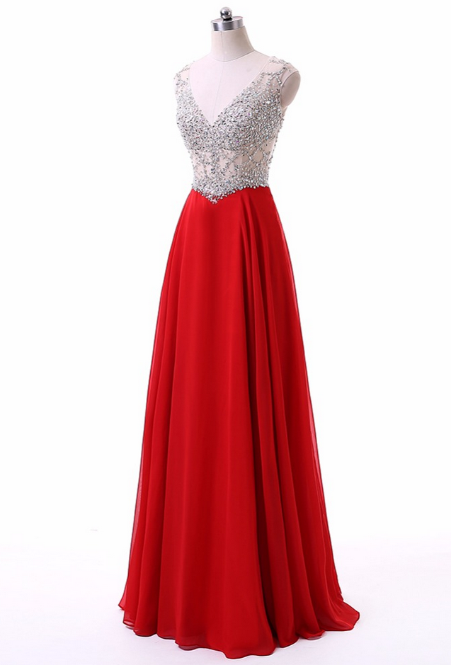 Style Beading V Neck Robe De Soiree Long Red Evening Dresses