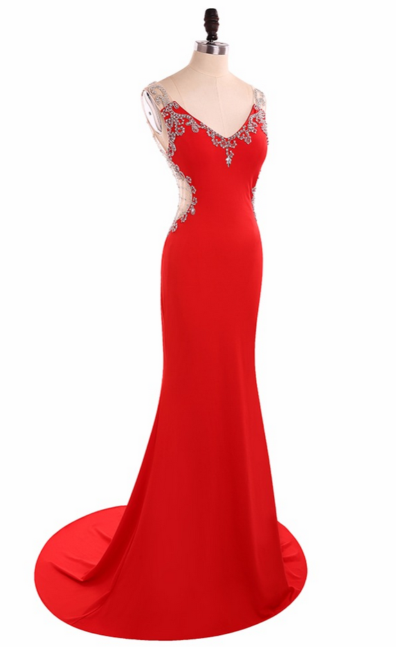 Fashion V Neck Mermaid Satin Lace Beaded Red Long Evening Dresses Gowns