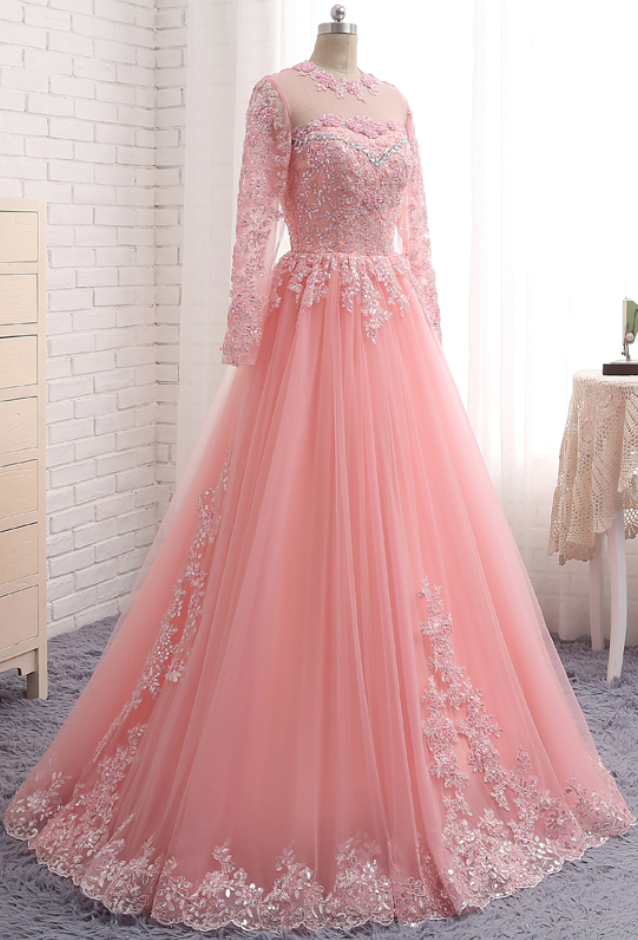 Cheap prom dresses New Evening Dresses Luxury O Neck Pink Tulle Appliques A Line Evening