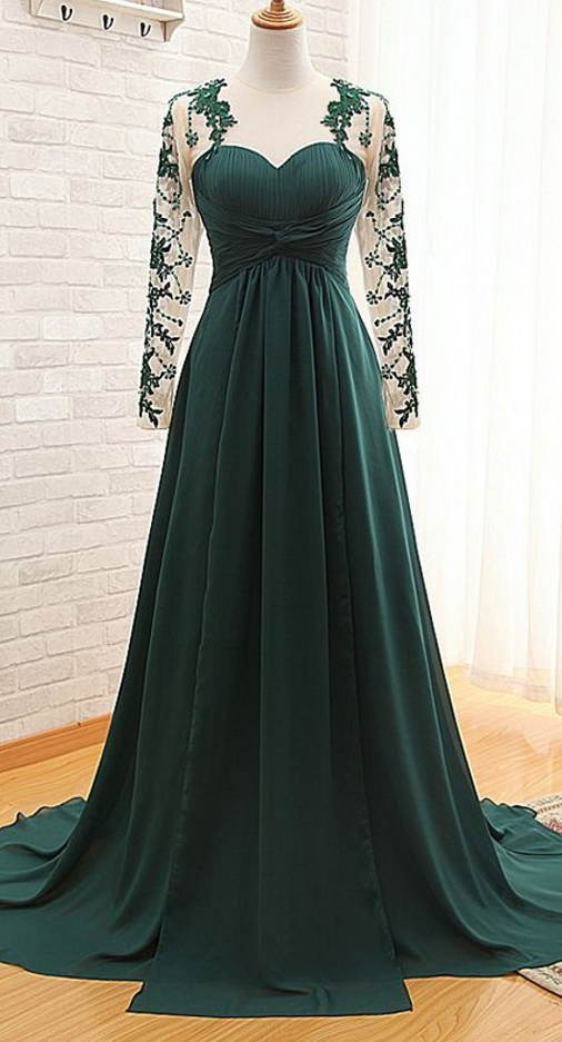 Dark Green Floor Length Lace Appliquéd Mesh Long Sleeved Sweetheart Evening Dress Featuring Chapel Train And Keyhole Back