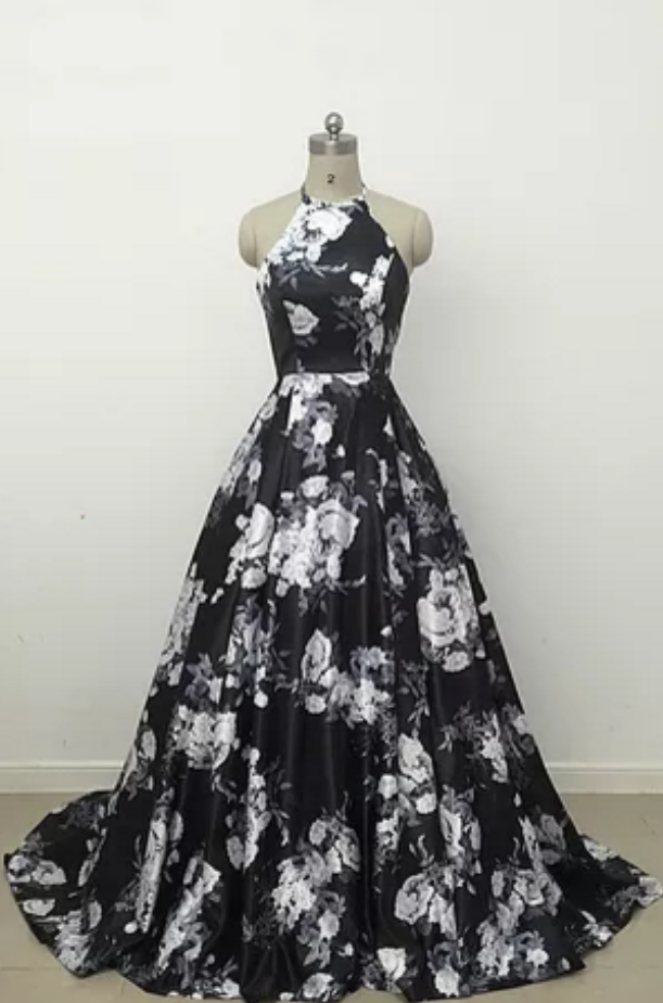 Custom Made Halter Neck Floral Printed Floor-length Satin Gown, Prom Dress, Evening Dress