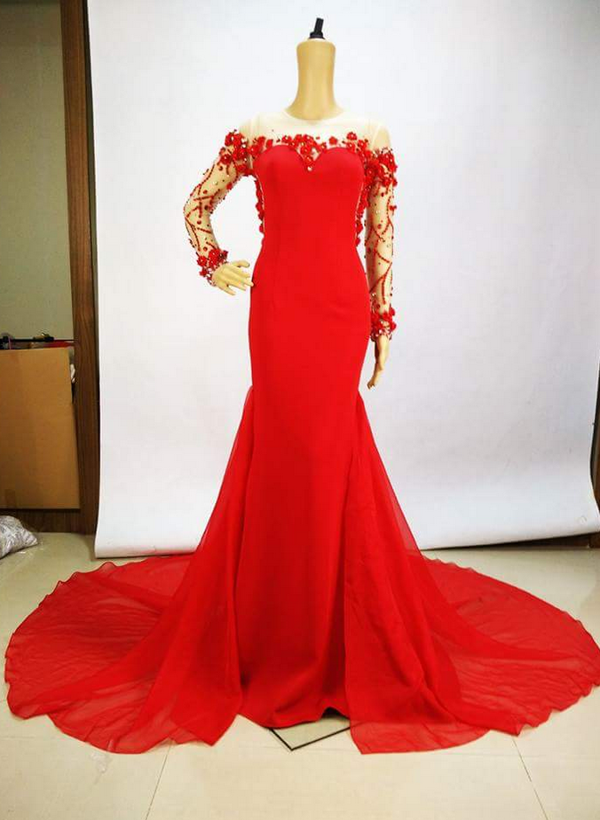 Sexy Red Long Sleeve Beaded Chiffon Long Prom Dress