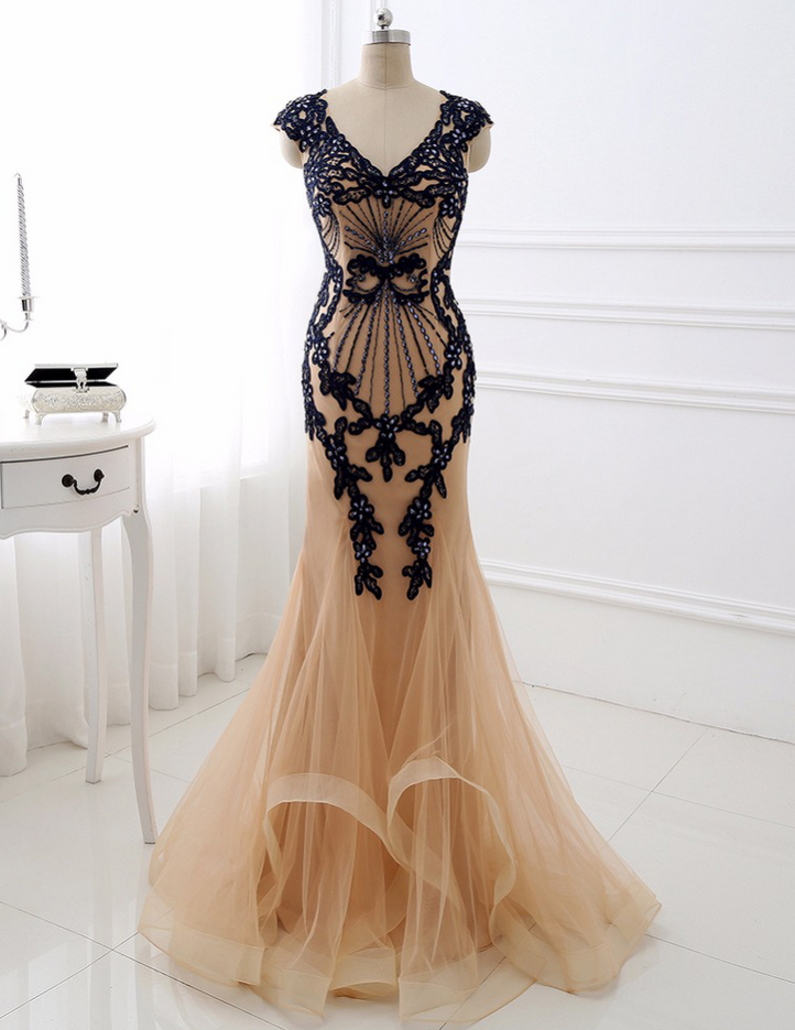 Mermaid V Neck Long Prom Dress,evening Dress, Applique Beading Prom Dresses,sweep Train Formal Party Gown