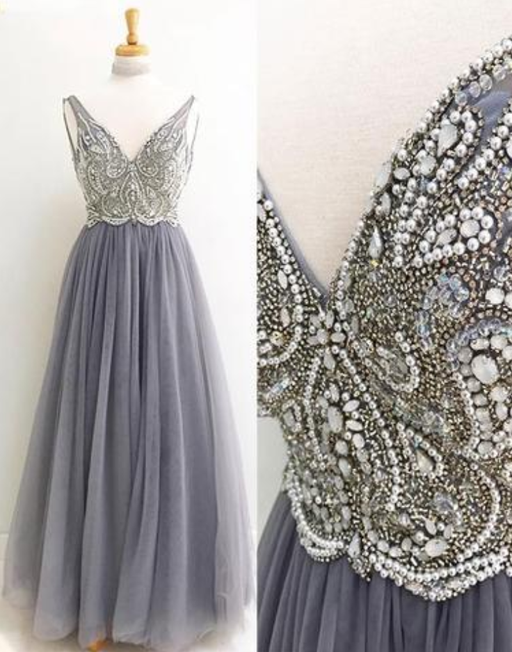 Rhinestone Beaded Light Grey Prom Dresses, Long A-line Prom Dresses, Affordable Evening Dresses
