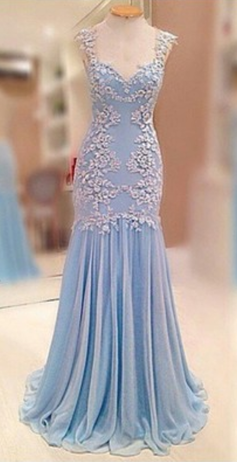 Blue Chiffon Prom Dresses, Lace Prom Dresses, See Through Prom Dresses, Long Mermaid Prom Dress