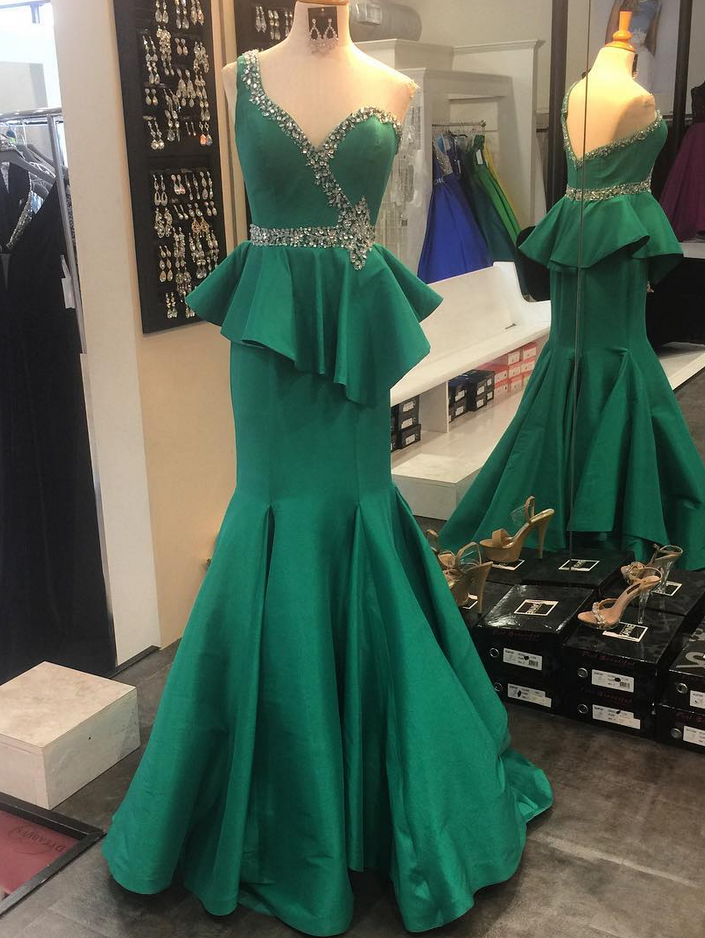 Emerald Satin Prom Dress, Mermaid One Shoulder Evening Dress, Long Ruffled Crystal Beaded Formal Dress