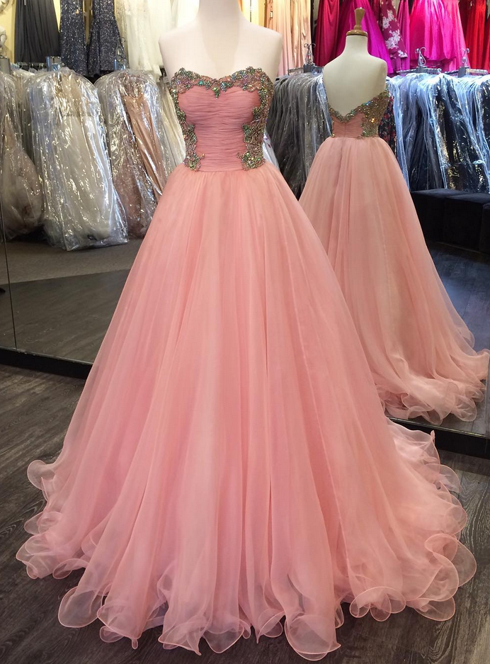 Beading Pink Prom Dress, Corset Strapless Prom Dress, Tulle Long Evening Dress
