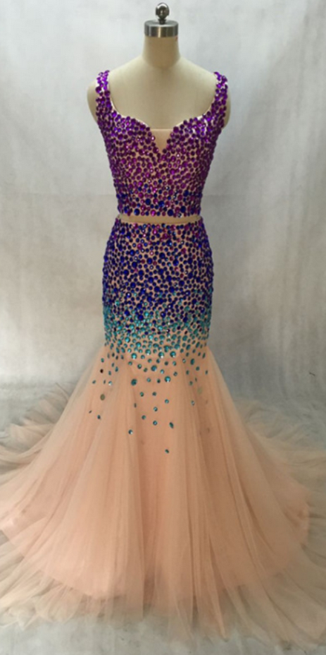 Fashion Sweetheart Sparkly Beaded Glitter Diamond Rhinestones Mermaid Crop Top 2 Two Piece Prom Dresses Dress Prom Dress