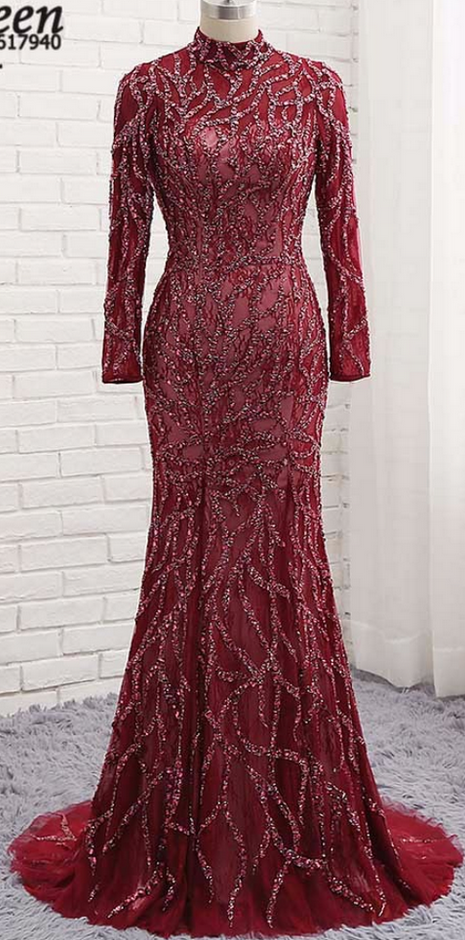  Burgundy Long Sleeve Mermaid Evening Dress High Neck With Full Crystal Count Train Vestido De Fasta Formal Party