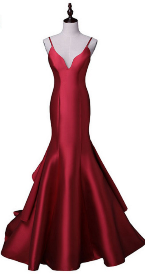 Plunging V Satin Mermaid Long Prom Dress, Evening Dress With Spaghetti Straps And Lace-up Back