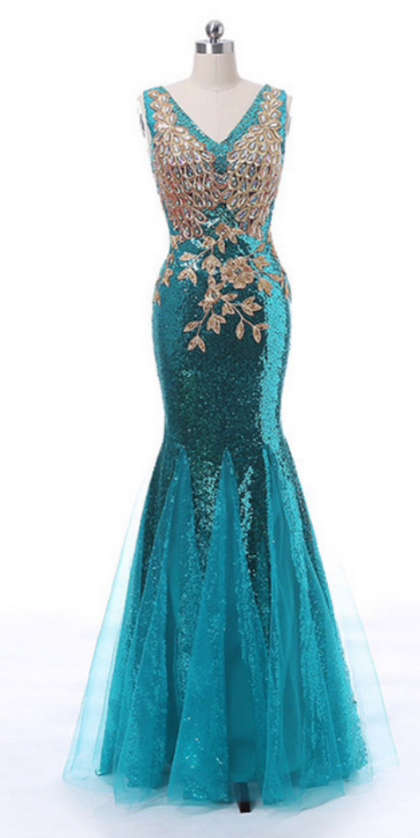 Blue Sleeveless V-neck Sequined Mermaid Floor-length Prom Dress, Evening Dress
