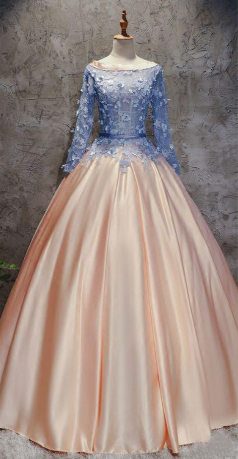 Chic A-line Ball Gowns Pink Blue Satin Applique Long Sleeve Prom Dress Evening Gowns