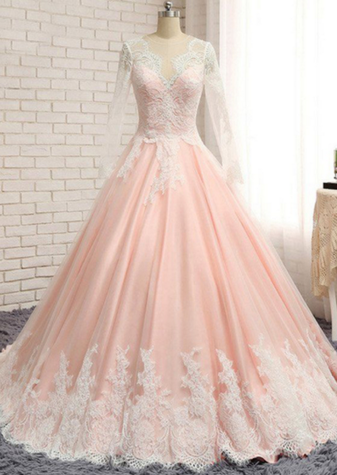 Blush Pink Chiffon Long Lace A-line Senior Prom Dress With Sleeves on Luulla