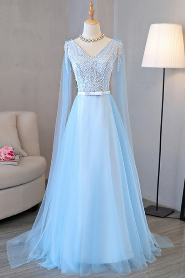 Blue Tulle Long A-line Senior Prom Dress With Pearl