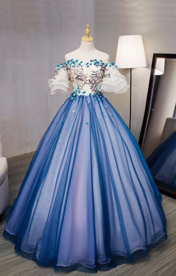 Design Blue Tulle Swetheart Long Prom Gown, Short Sleeves 3d Flower Long Evening Dress