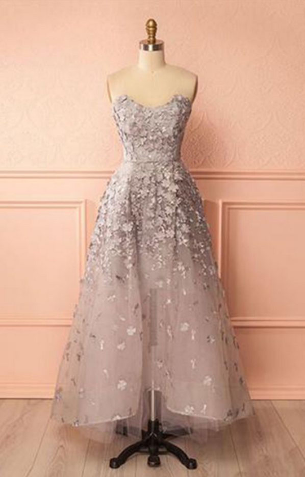 Sweetheart Long 3d Flower Evening Dress, Strapless High Low Prom Dresses