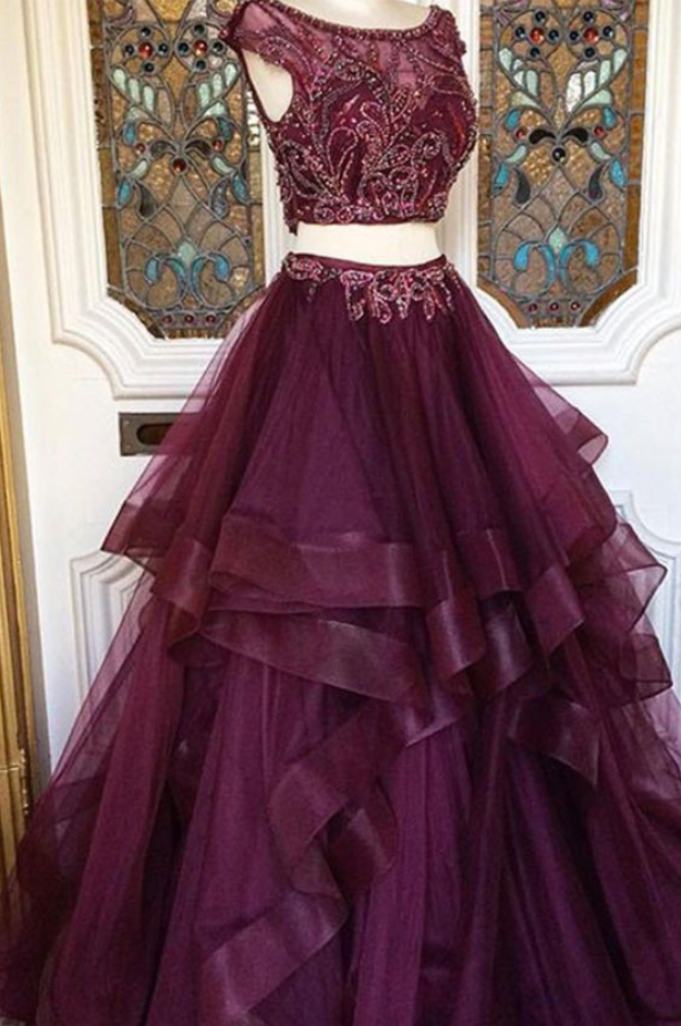Two Pieces Burgundy Sequin Tulle Prom Dress, Long Burgundy Evening Dress,fashion Prom Dress,sexy Party Dress,custom Made Evening Dress