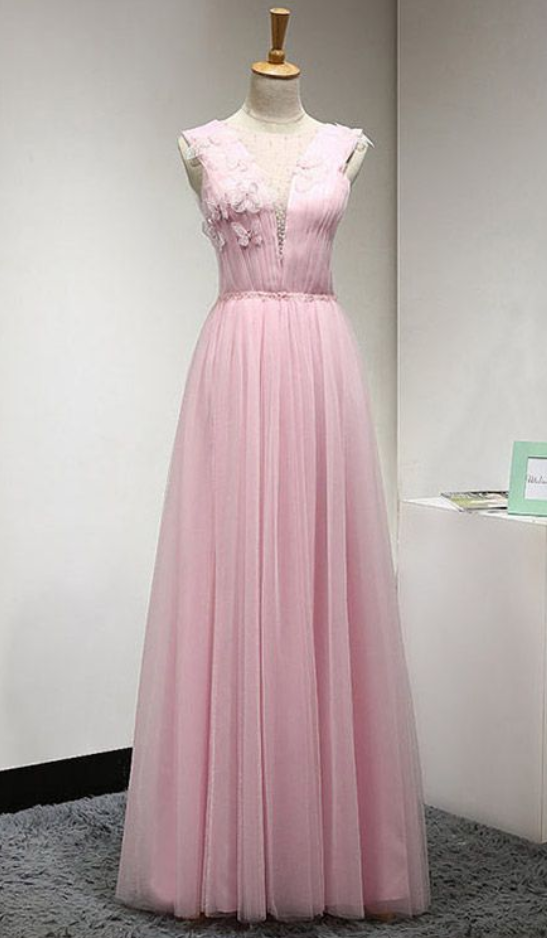 Pink Prom Dresses Long, Popular A-line Prom Dresses Scoop Neck Tulle Prom Dresses Beading
