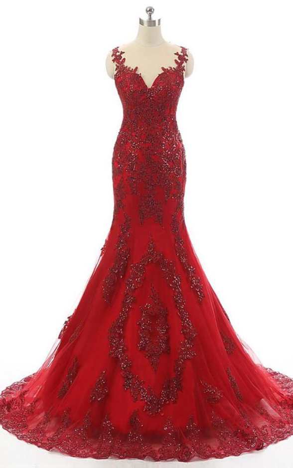 Trumpet Mermaid Scoop Neck Tulle Court Train Appliques Lace Red Prom Dress