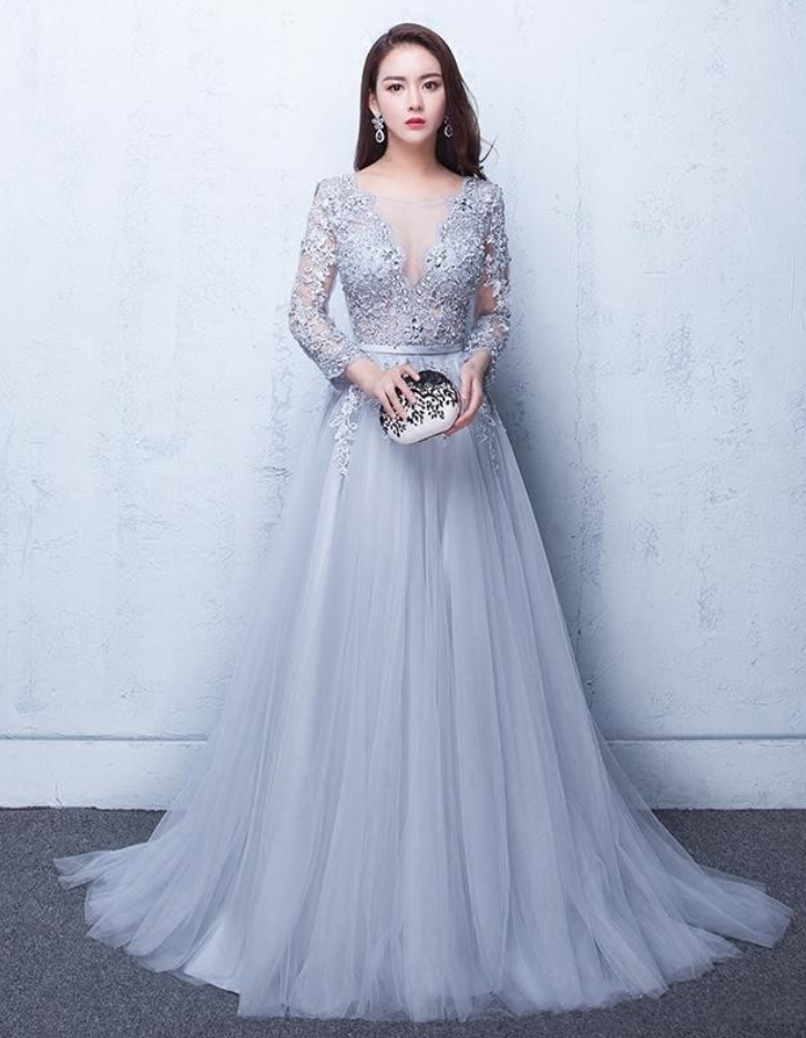 Sexy Illusion Evening Dresses, Lace Formal Dresses, 2017 Prom Dresses, Gray Prom Dresses, Lace Applique Beads Crew Neck Long Sleeves Prom