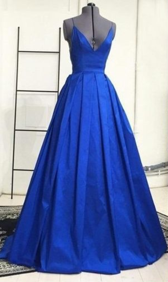 Long Spaghetti Straps Prom Dresses,royal Blue Deep V-neck Prom Dresses,backless Prom Gowns,charming Prom Gowns