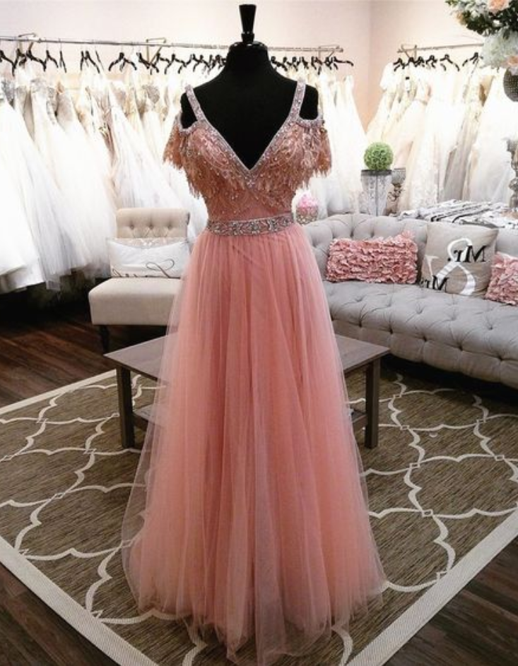 Elegant Off The Shoulder Long Tulle Pink Prom Dresses Evening Gowns