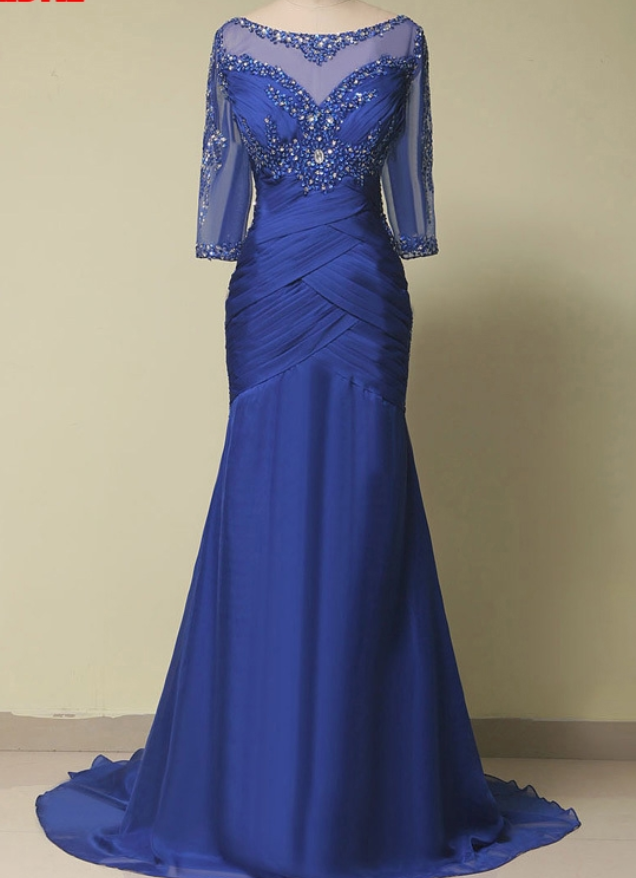 Royal Blue Long Sleeve Mermaid Evening Dresses Party Beaded Crystal Beautiful Women Prom Formal Evening Gowns Dresses Wear