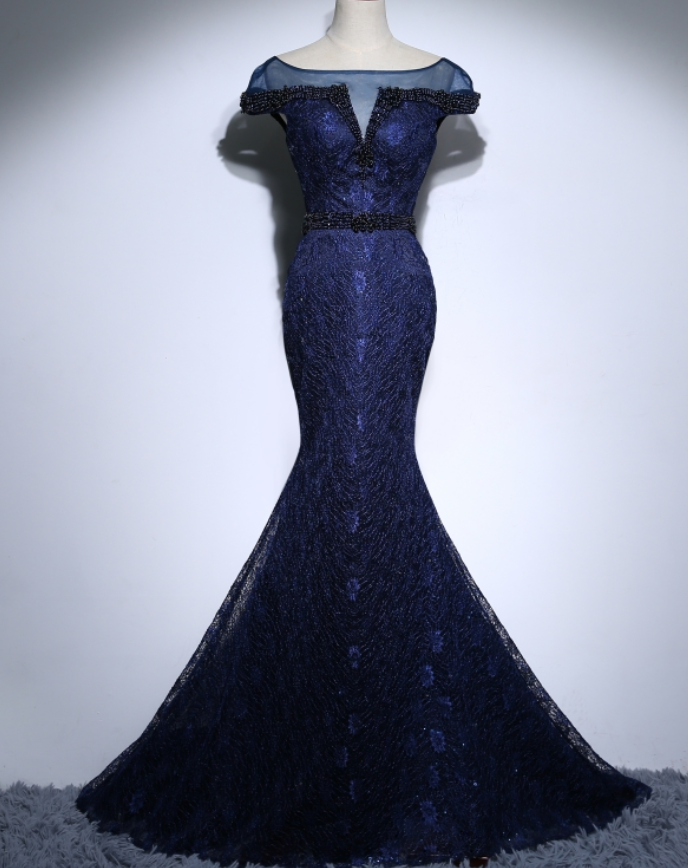 Navy Blue Long Lace Mermaid Evening Dresses Party Beaded Women Unique Prom Formal Evening Gowns Dresses Robe De Soiree