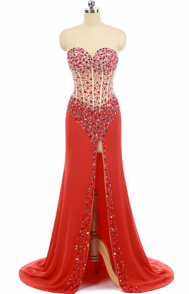 Red Chiffon Vestidos De Noche Beaded Prom Dress Sweetheart Floor Length Long Prom Dresses Vestido De Festa