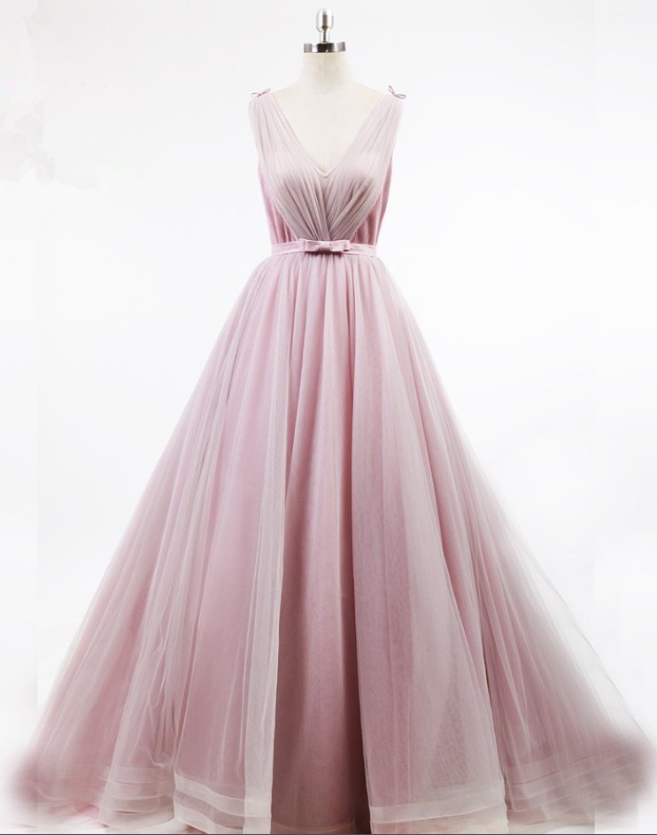 Jusere V Neck Sleeveless Backless Court Train Pleat Skirt Lovely Girl Bow Knot Belt Light Pink Simple Design Prom Dress