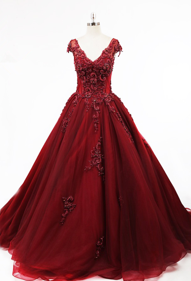 Tank V Neckline Illusion Bodice Boning Open Low Back A Line Layers Tulle Cap Sleeve Red Luxury Beading Evening Dress