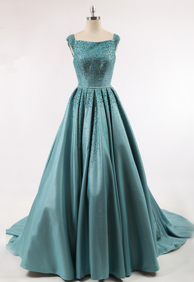 Jusere A Line Emrald Green Box Pleat Skirt Cap Sleeves V Back Zipper Big Train Lady Bateau Neckline Green Evening Dress