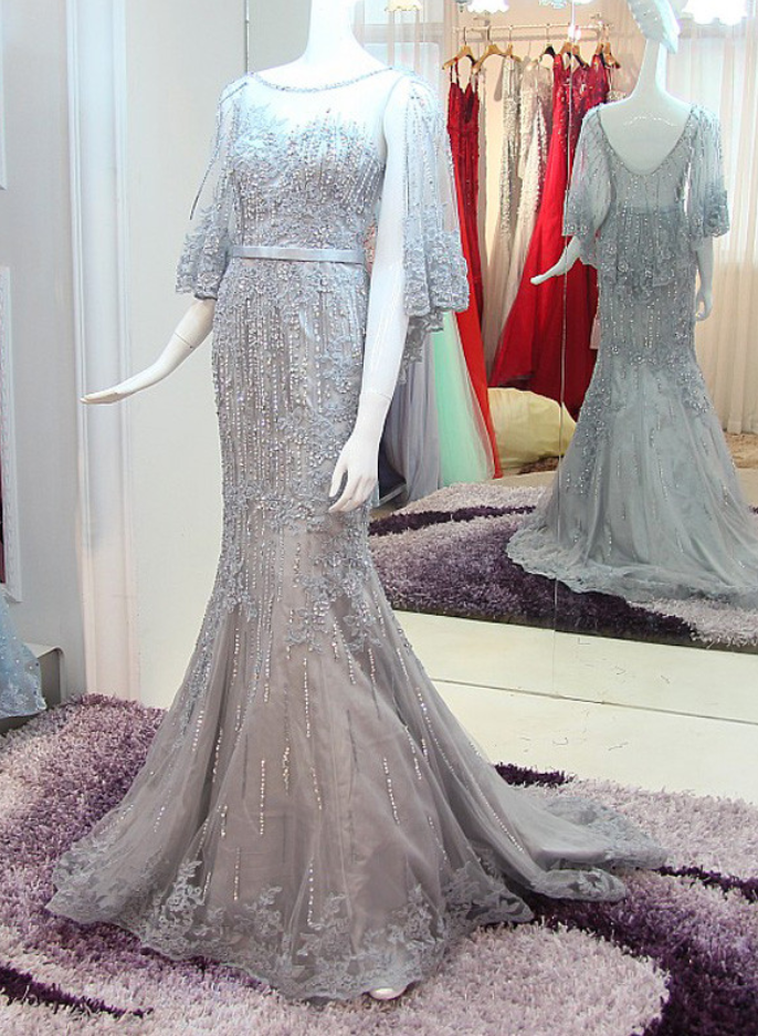 Real Photos Luxury Beaded Silver Mermaid Prom Dress With Cape Unique Design Elegant Lace Applique Long Evening Dress Formal Gown