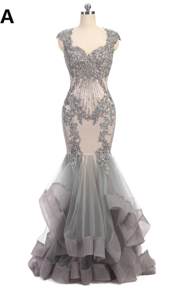 High Quality Sweetheart Mermaid Evening Dress Beads Mermaid Dress Long Elegant Prom Dresses Robe De Soiree Gray Tulle Prom Dress