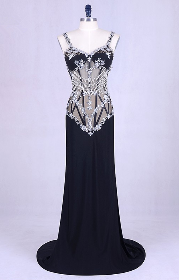 Lorie Spaghetti Strap Evening Dress Mermaid Long See Through Black Beaded With Rhinestones Chiffon Backless Real Prom Dress