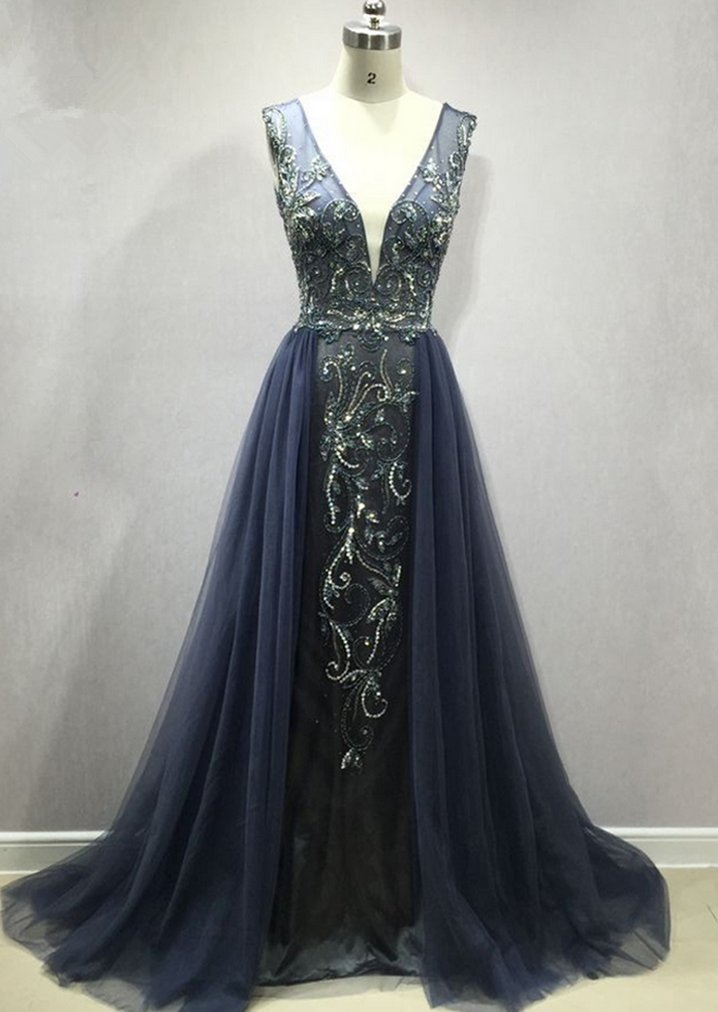 Sparking Beading Long Prom Dresses Sexy V Neck Open Back Tulle Formal Evening Dress Party Gown