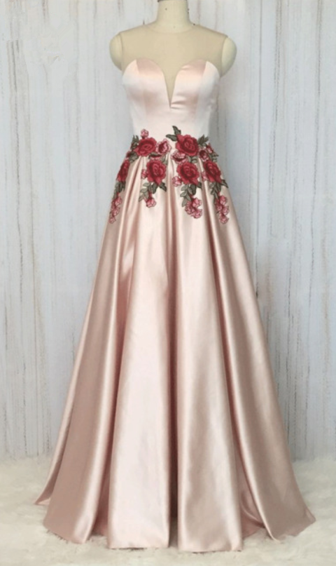 Embroidery Lace Prom Dresses Long Pink Elegant Prom Gown Girl Dresses Vestidos De Graduacion