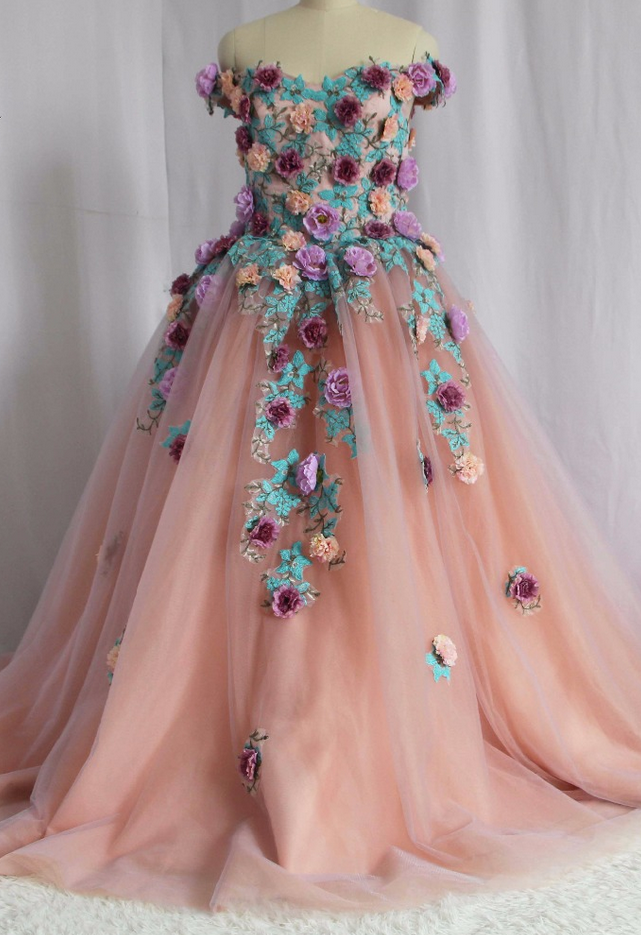 Designer Off The Shoulder Appliqued 3d Flowers Short Sleeve Floor Length Ball Gown Princess Prom Dresses