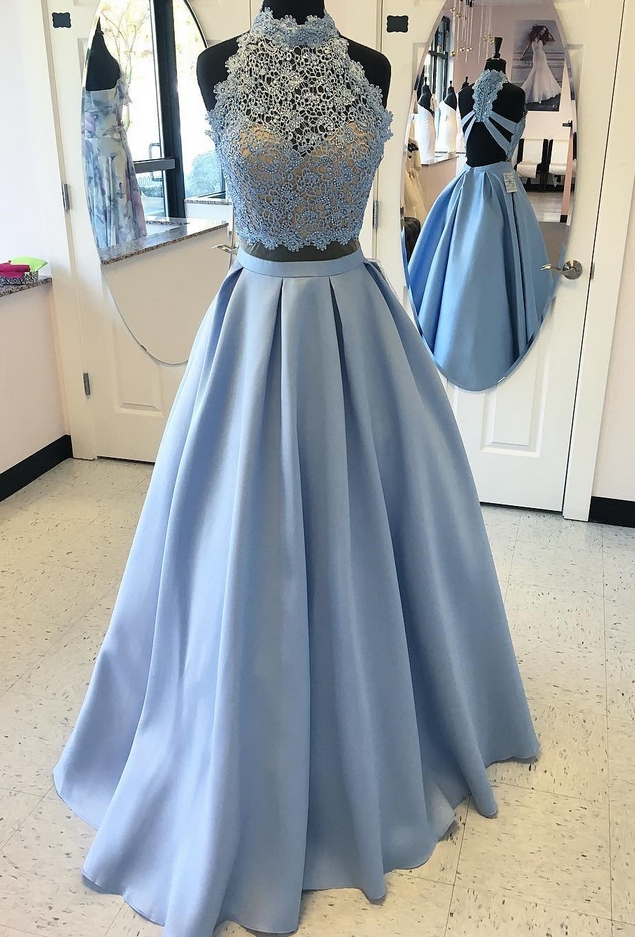 Lace Top Prom Dresses, 2 Piece Prom Dress , Satin Prom Dresses , High Neck Prom Gown,floor Length Prom Dress
