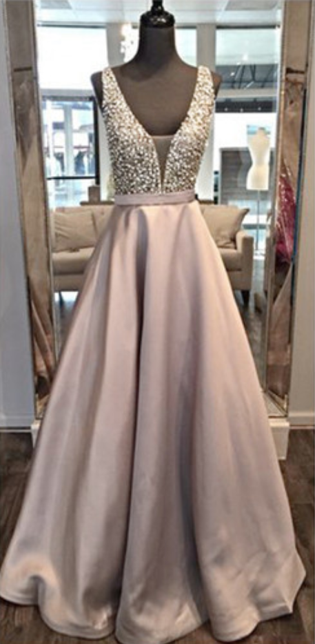 Style Prom Dress V Neck Prom Dresses, Double Straps Prom Dresses, Beading Top Prom Gown