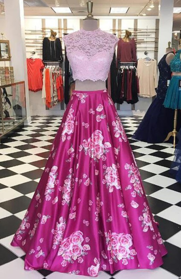 Print Fabric Prom Dresses, Lace- Top Prom Dresses, Print Floral Party Dress, 2 Piece Prom Dresses