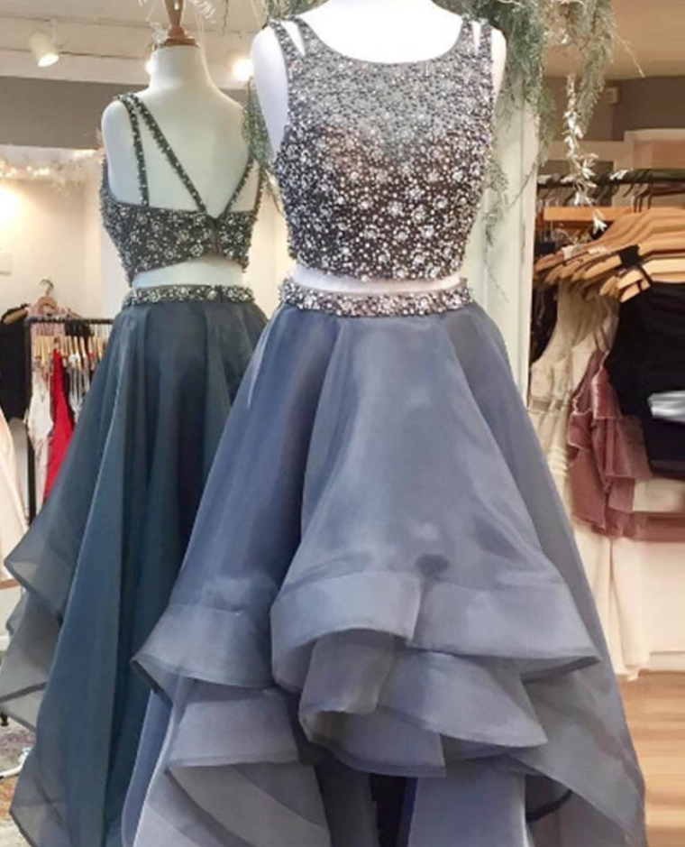 Two Piece Prom Dress, Grey Gowns, Organza Prom Dress, Beading Bodice Prom Dress