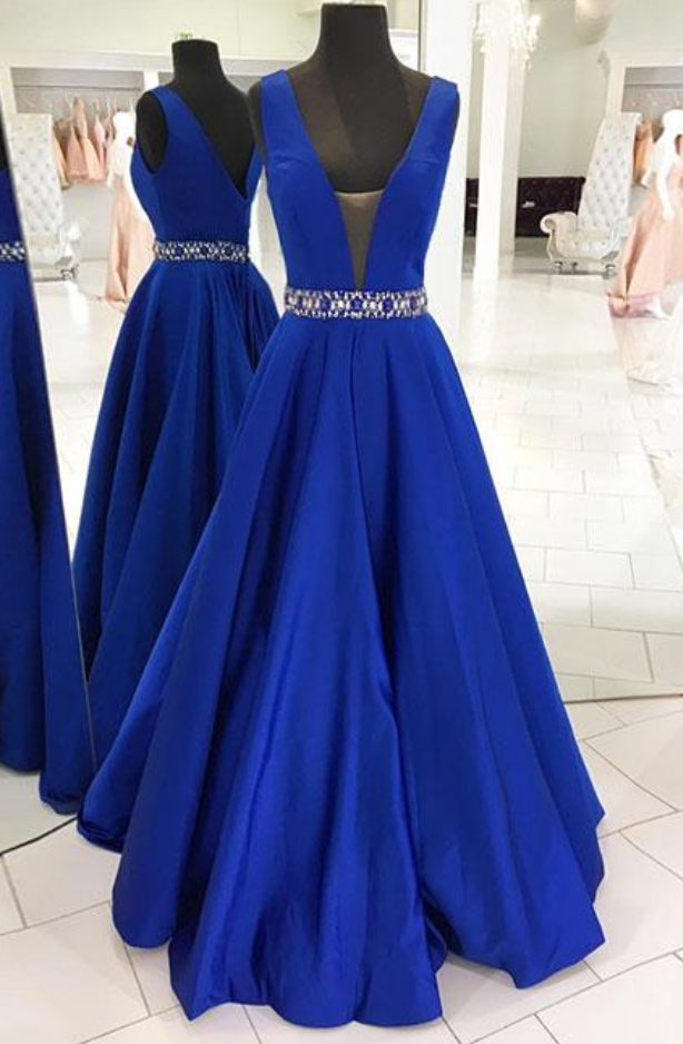 Dark Blue V Neck Long Prom Dress Blue Beading Evening Dress